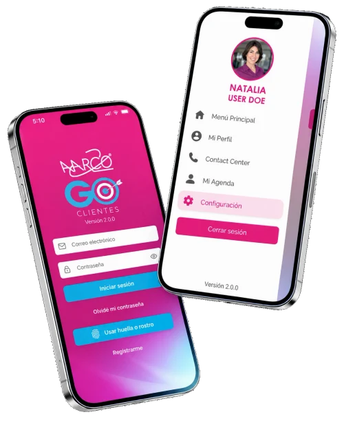 Dos teléfonos con la app AARCO GO: pantalla de acceso y menú del cliente