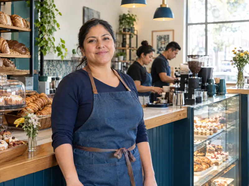 Dueña de una panadería frente a su mostrador mientras su equipo trabaja